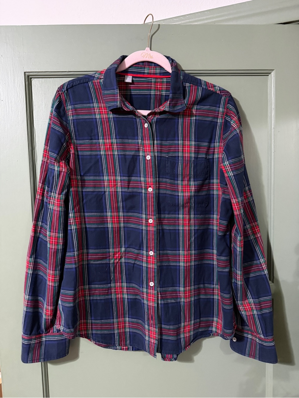 Womens Navy & Red Plaid Button-Up Shirt